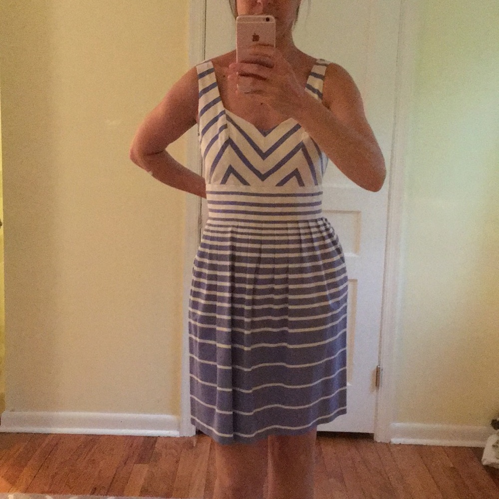 Blue and white dress.